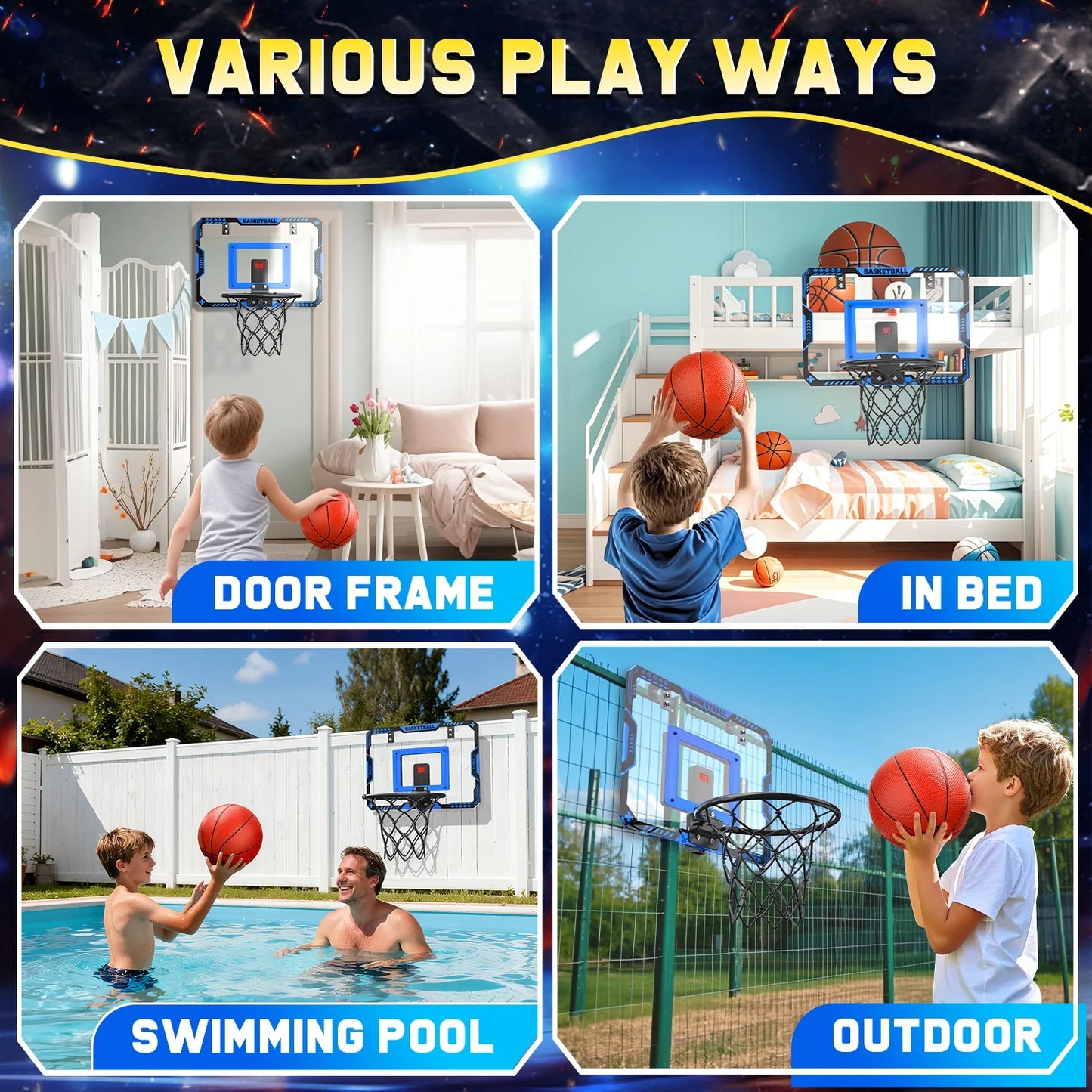 Indoor Basketball Hoop for Kids, Mini Basketball Hoop with Electronic Scoreboard, Sounds, over the Door Basketball Game Toys Gifts 3 Balls for Kids & Adults